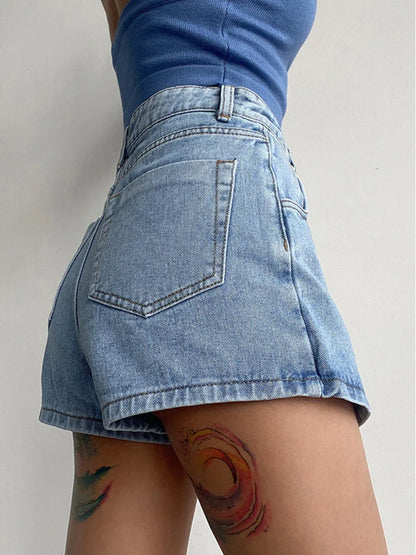 2026 Summer Women High Waist A-line Shorts Light Color Fake Two-piece Design Elegant Slimming Hot Girl Pants Denim Short Skirt