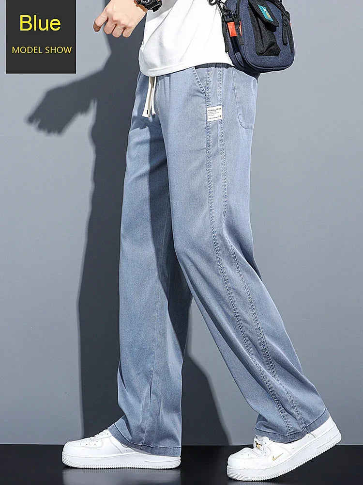 Summer Soft Lyocell Fabric Men's Jeans Thin Loose Straight Pants Drawstring Elastic Waist Korea Casual Trousers Plus Size M-5XL