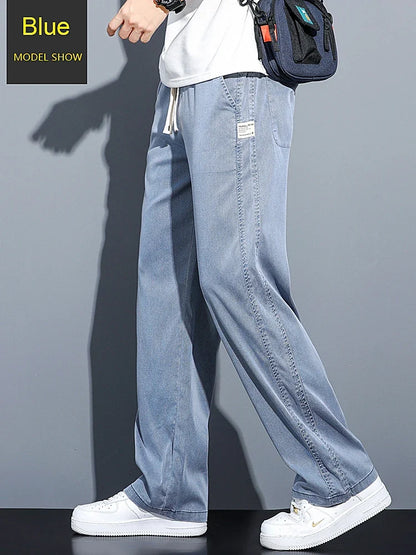 Summer Soft Lyocell Fabric Men's Jeans Thin Loose Straight Pants Drawstring Elastic Waist Korea Casual Trousers Plus Size M-5XL