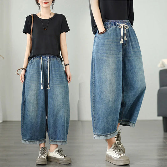 Casual High Waist Wide Leg Jeans Women's Loose Fit Slimming Summer Thin Sle Lantern Pants  Lyocell Fabric Water Wa