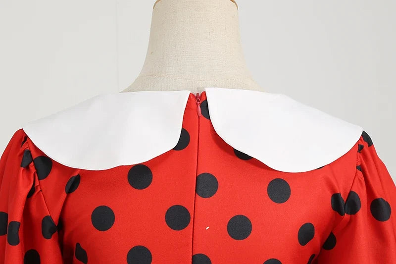 Elegant Women Summer Dress Puff Short Sleeve Polka Dot Peter pan Collar Vintage A-line Midi Long Party Sundress