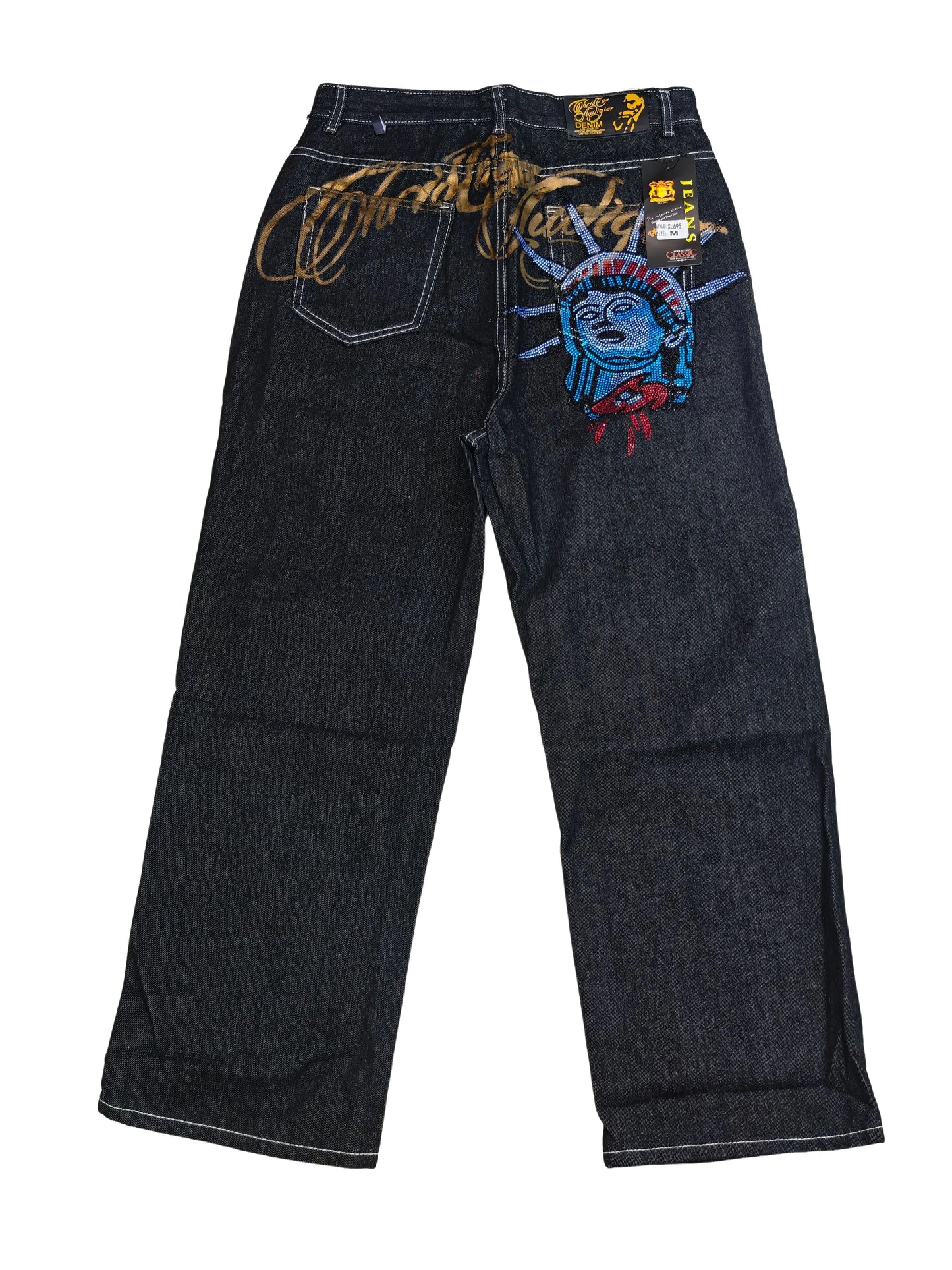 Retro 2000s Diamonds Jeans Y2k Statue of liberty Casual Denim Pants High Waist Straight Harajuku Wide Leg Jeans Women Clothing