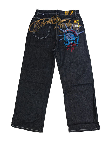 Retro 2000s Diamonds Jeans Y2k Statue of liberty Casual Denim Pants High Waist Straight Harajuku Wide Leg Jeans Women Clothing