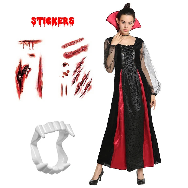 Girls Halloween Vampire Costume Adult Vampiress False Teeth Stickers Role Play Carnival Party Cosplay Outfits for Women