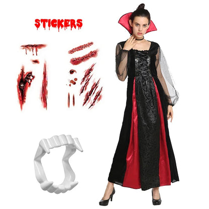 Girls Halloween Vampire Costume Adult Vampiress False Teeth Stickers Role Play Carnival Party Cosplay Outfits for Women