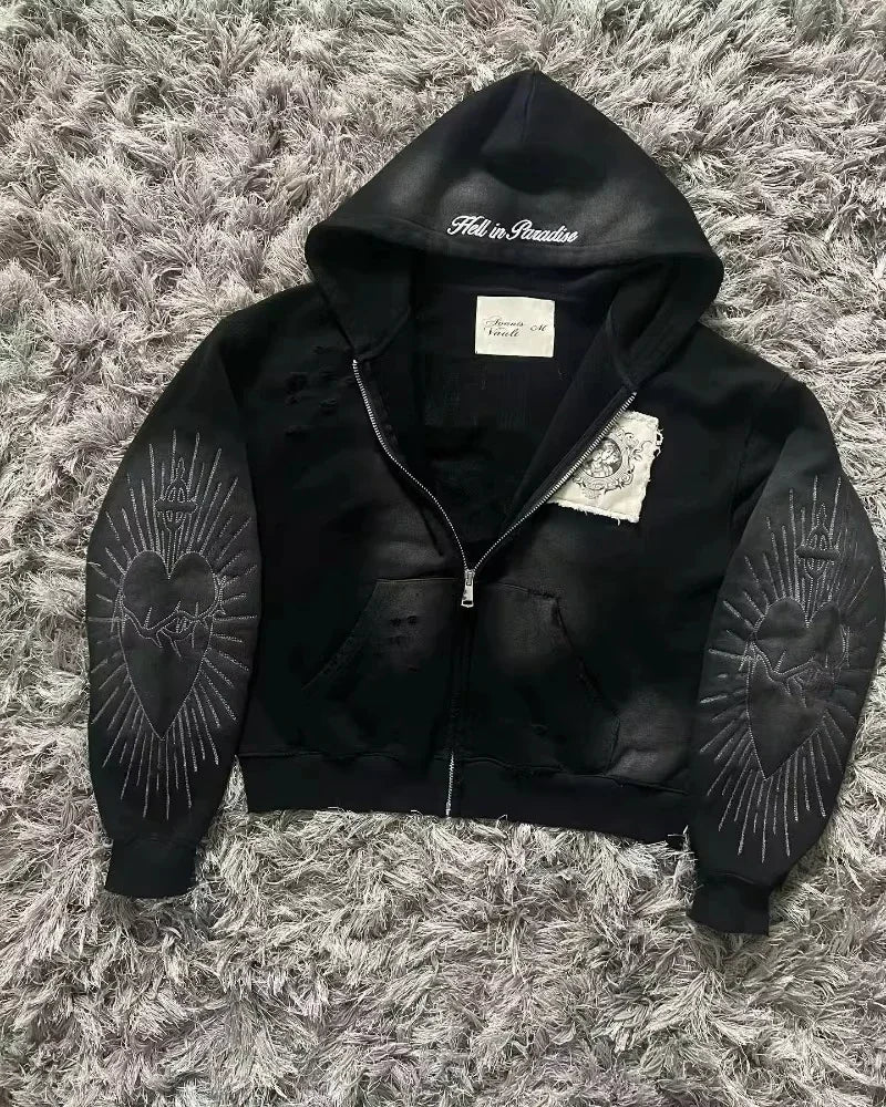 Mountainous Carving Harajuku Hoodie Y2K New Fleece Thickened Got Print Zipper Hoodie Women Street Hip Hop Joker Loose Sweatshirt
