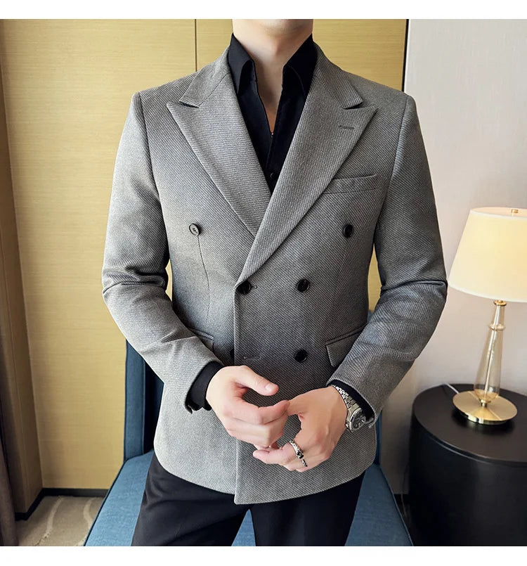 High Quality Men Double Breasted Blazer Suede Gilded Twill Slim Fit Business Social Formal Suit Jacket Tailcoats Men Clothes