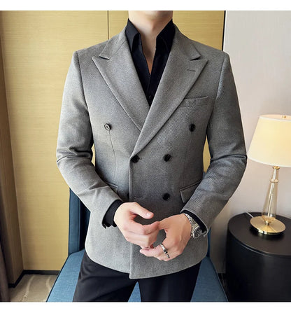 High Quality Men Double Breasted Blazer Suede Gilded Twill Slim Fit Business Social Formal Suit Jacket Tailcoats Men Clothes