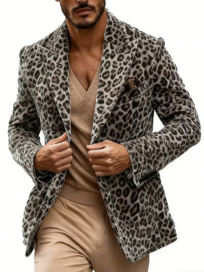 Men's Leopard Print Blazer Single Breasted Slim Fit Tuxedo Jacket Notch Lapel Fashion Party Prom Outerwear