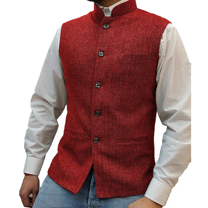 Mens Retro Vest Herringbone Wool Blended Smart Casual Stand Collar Single Breasted Waistcoat Adjustable Buckle Men's Suit Vest