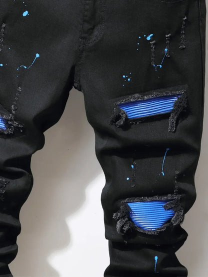 Men's Jeans Cool Ripped Skinny Trousers Stretch Slim Denim Jeans Pants Patchwork Hip Hop Black Blue Casual Jogging Jeans for Men