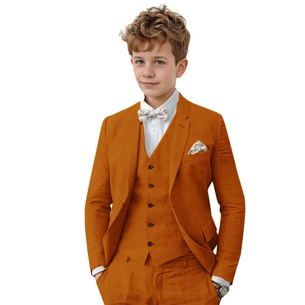 Breathable Linen Boys Suit Set 3 Pieces For Wedding Party,Notched Lapel Kids Suits Piano Performance Outfit Toddler 3-16Y
