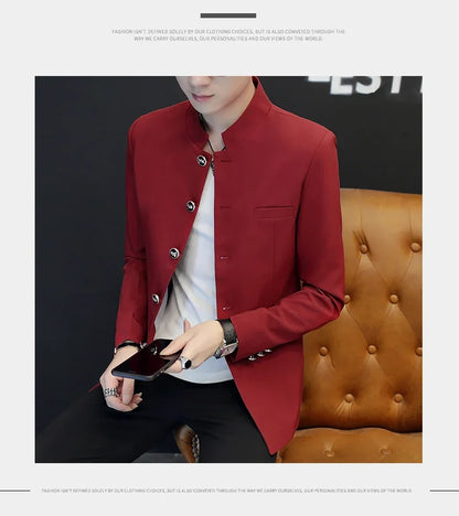 2024 Men's Slim Fit Long Sleeve Casual Suit Korean Trend Stand Collar Fashion Handsome Male Suit