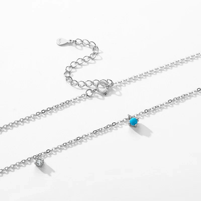 Real 925 Sterling Silver Fashion Stunning Turquoise Link Chain Charm Necklace For Women Daily Fine Jewelry