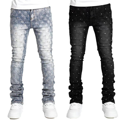 Blue Stretchy Pearls Skinny Jeans For Men 2024 New Fashion Fashion Rhinestone European Street Personality Stacked Denim Pants