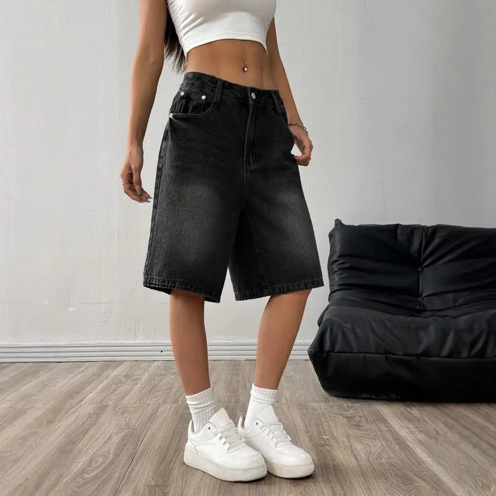 Women's Bermuda Summer Jean Shorts High Waisted Knee Length Baggy Jorts Wide Leg Breathable  Loose Denim Shorts with Pockets