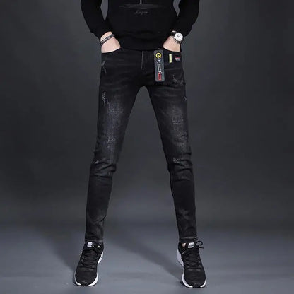 Harajuku Fashion Men's High-end Embroidered Jeans Korean Style Prints Patches Slim Fit Casual Spring Autumn Cowboy Trousers