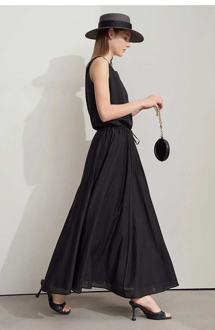 Minimalist New Summer Knee Length A-line Skirt Women Adjustable Drawstring Solid Color Commuting Style Loose Skirt 12522025