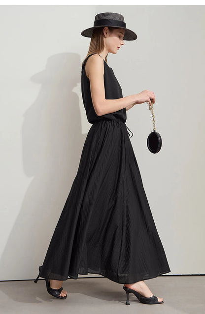 Minimalist New Summer Knee Length A-line Skirt Women Adjustable Drawstring Solid Color Commuting Style Loose Skirt 12522025