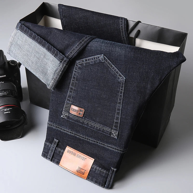 2026 New Men's Stretch Regular Fit Jeans Business Casual Classic Style Fashion Denim Trousers Male Black Blue Gray Pants