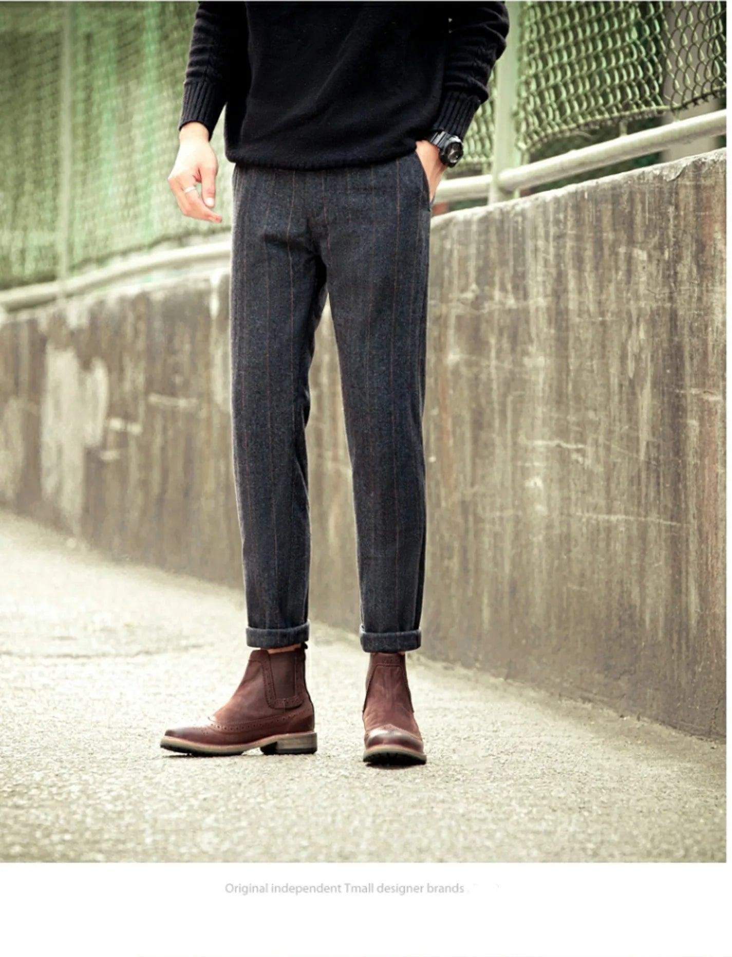 Retro British Wool Herringbone Casual Pants for Men, Thick Loose Plaid Pants for Autumn and Winter, Large Size Woolen Pants