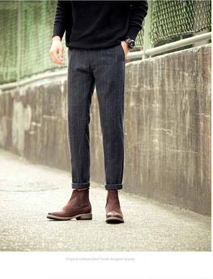 Retro British Wool Herringbone Casual Pants for Men, Thick Loose Plaid Pants for Autumn and Winter, Large Size Woolen Pants