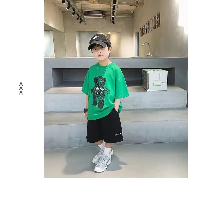 Summer Boys Cotton Cartoon Alphabet Short-Sleeved t-Shirt Tops+Short Pant Set School Kids Tracksuit Children 2PCS Outfit 3-16Yrs