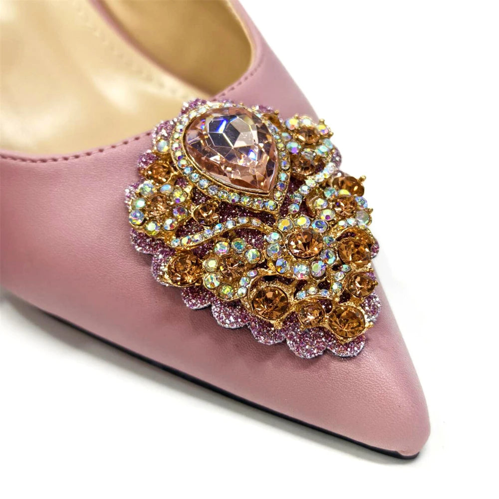 2024 Latest Wedding Pointed Toe Women's Shoes High Heel White Color Rhinestones Party Ladies Shoes And Bag Set