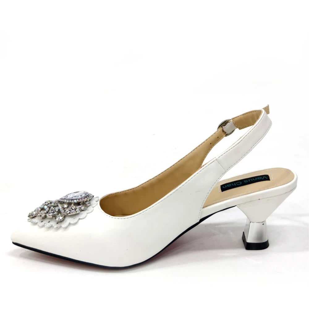 2024 Latest Wedding Pointed Toe Women's Shoes High Heel White Color Rhinestones Party Ladies Shoes And Bag Set