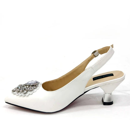 2024 Latest Wedding Pointed Toe Women's Shoes High Heel White Color Rhinestones Party Ladies Shoes And Bag Set