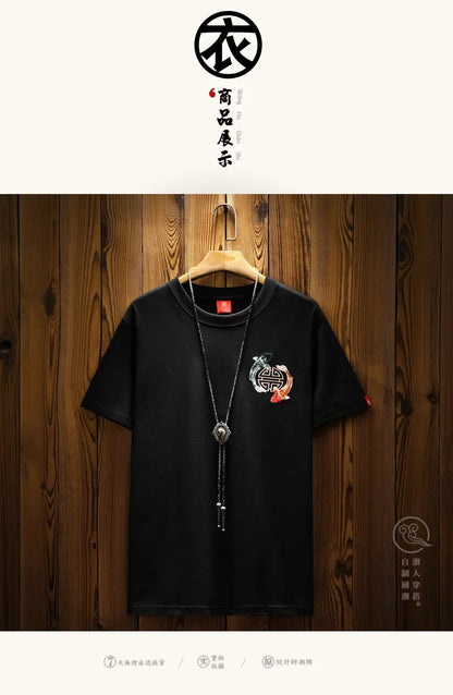 Mens Summer T Shirts Chinese Carp Embroidery T Shirt Men Vintage Graphic Tees Harajuku Cotton Casual Short Sleeve High Quality