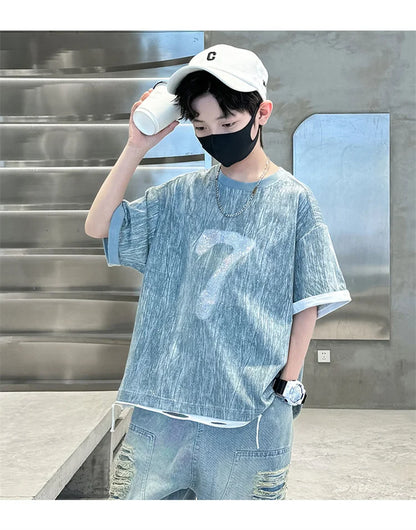 Cool Cowboy Outfit Costume Suit for Kids Child Summer Clothes Set Denim T-shirt and Ripped Shorts Clothes Set for Teens Boy 5-14