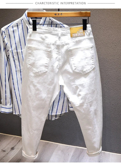 New Ripped Hole Jeans Men White Fashion Harem Male Pants  All-match Stretch Comfortable Streetwear Denim Trousers
