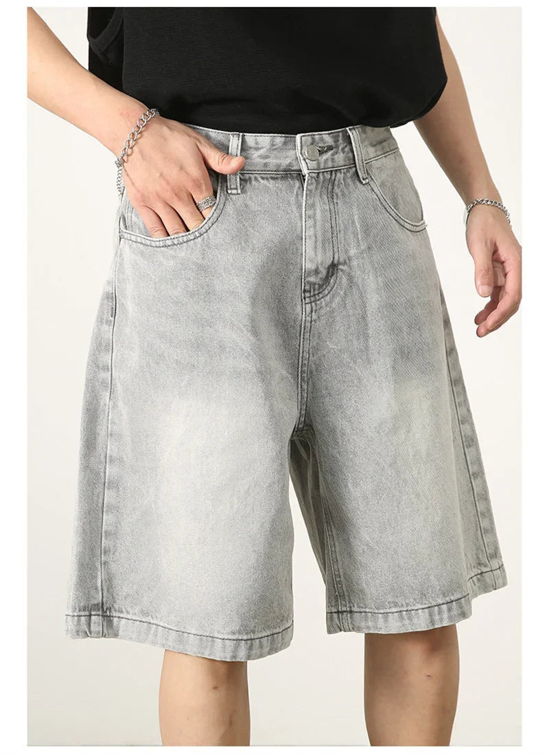 Summer Retro Washed Distressed Baggy Jorts Men's High Street Fashion Straight Jeans Shorts Y2K Casual Blue Denim Short Pants