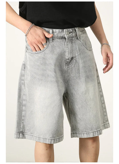 Summer Retro Washed Distressed Baggy Jorts Men's High Street Fashion Straight Jeans Shorts Y2K Casual Blue Denim Short Pants