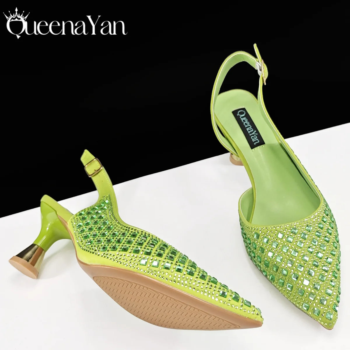Italian Design Rhinestone Luxury Green Colour Pointed Toe Shoe & Bag Set Women's High Heels for Parties High Quality