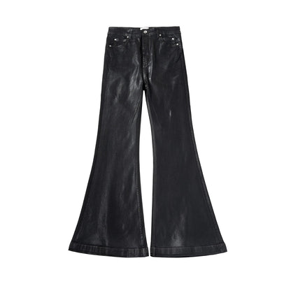 Streetwear Black Wax Leather Strecth Jeans for Men Ropa Hombre Baggy Y2k Flare Pants Oversized Straight Denim Trousers