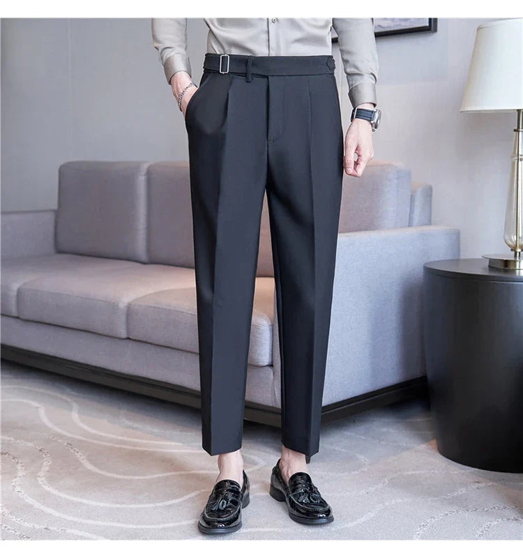 2026 Texture Naples Men's Solid Color Casual Pants Fashion Belt Design Slim Fit Suit Pants Formal Wear Wedding Social Trousers
