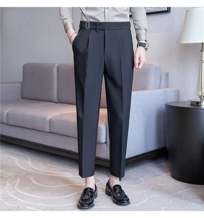 2026 Texture Naples Men's Solid Color Casual Pants Fashion Belt Design Slim Fit Suit Pants Formal Wear Wedding Social Trousers