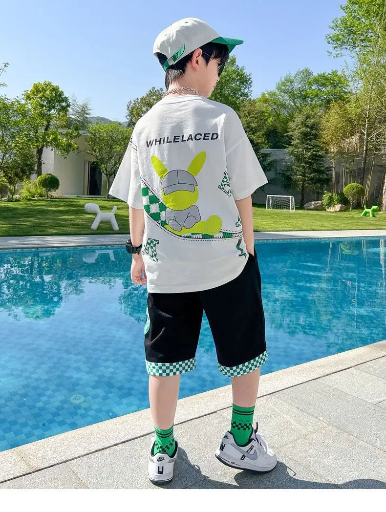 Summer Boys Cotton Alphabet Cartoon T-Shirt Tops+Patchwork Plaid Shorts Pant Set School Kids Tracksuit Child 2PCS Outfit 5-14Yr