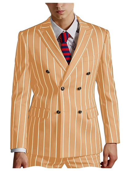 Men's Pinstripe 2 Piece Suit Set Double Breasted Peak Lapel Slim Fit Striped Tuxedo Suit For Wedding Prom Business Formal