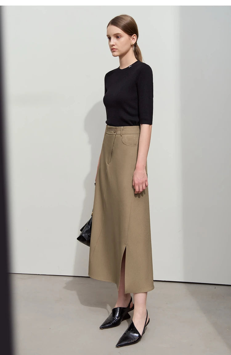Minimalist Autumn New Commuter Asymmetrical Oblique Placket Split Skirt Non Ironing Anti Wrinkle A Shape Skirt 12551003