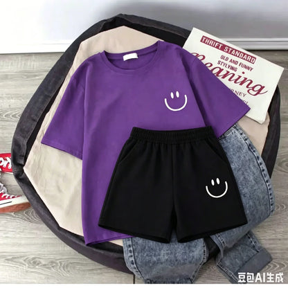 2026 New Summer Smiling Face Print Kids T-shirt Set Short-sleeved Pure Cotton Loose Basic Versatile Cool Simple Kids Outfit Tops