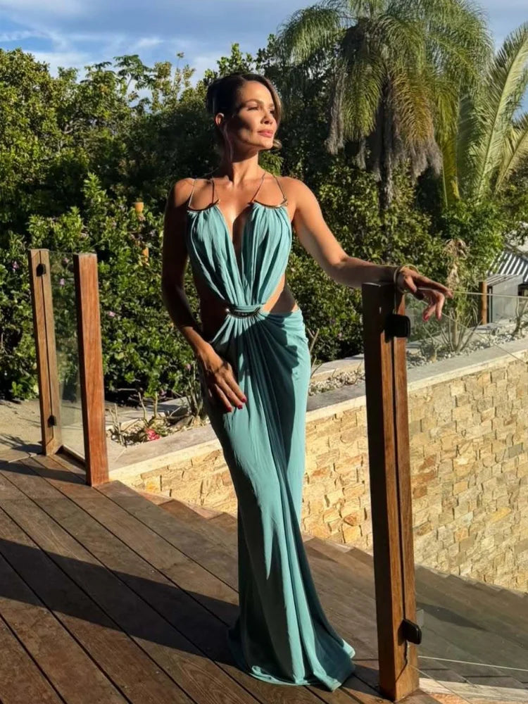 Sexy Halter Strap Long Dress Deep V Pleated Waist Recessed Backless Slim Fit Robe 2026 Summer Vacation Seaside Elegant Lady Gown