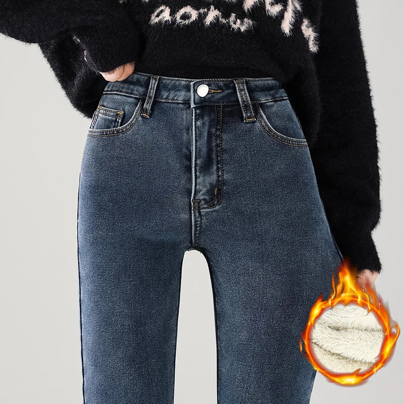 Winter Warm Jeans Women's Thickened Soft Comfortable Elastic Denim Pants Fashion Korean Straight Female Velvet Warm Clothing