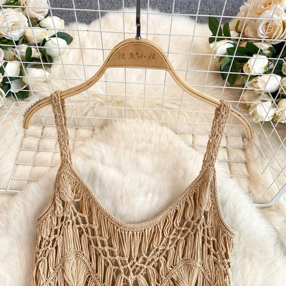 Retro Knitted Camis Bohemian Vacation Beach style Summer Tank 2024 New Women Strap Sleeveless Long Tassel Tops