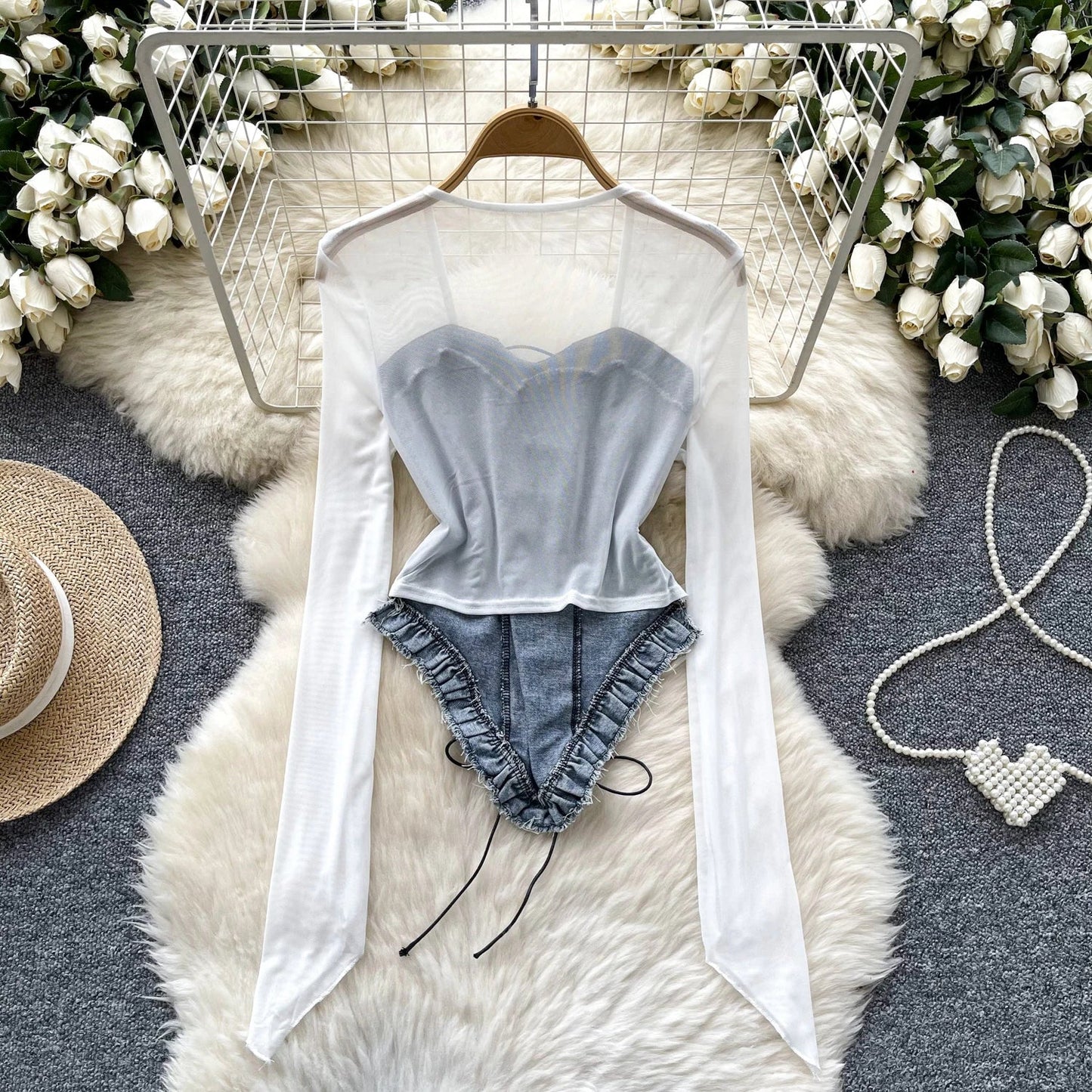 American Retro Patchwork Sexy Blouse 2024 Women Squre Neck Long Sleeves Sheer Top Streetwear Ins Lace Up Denim Shirt