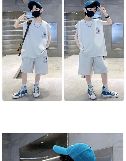 Summer Boys Loose Sleeveless Printed T-Shirt Tops+Shorts Pant School Kids 2PCS Tracksuit Child Outfit Student Workout Set 5-16Yr