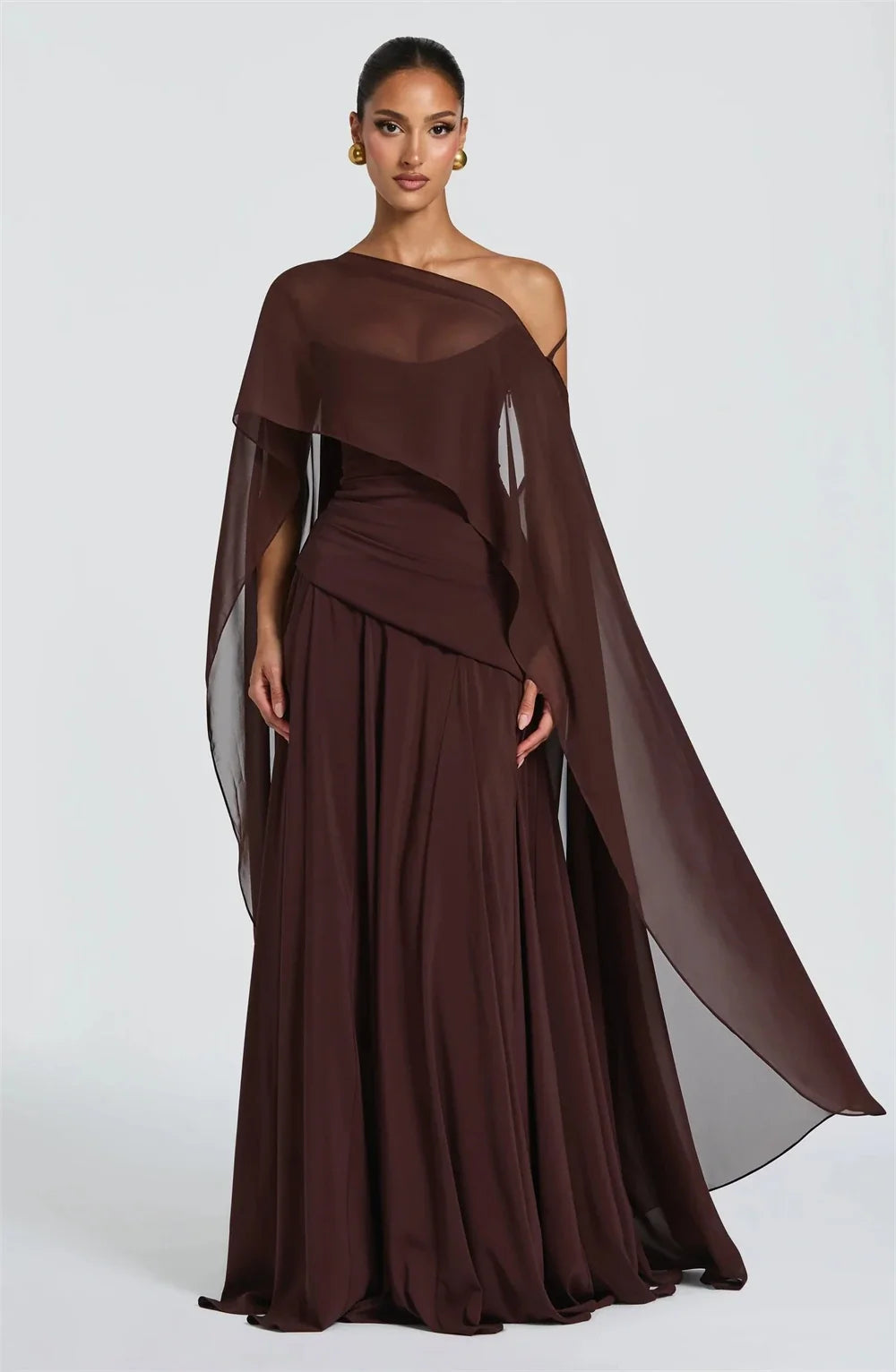 Customized Brown Strapless Elegant Evening Dress chiffon Cape Draping robes de soirée Formal Event Dress Floor Length