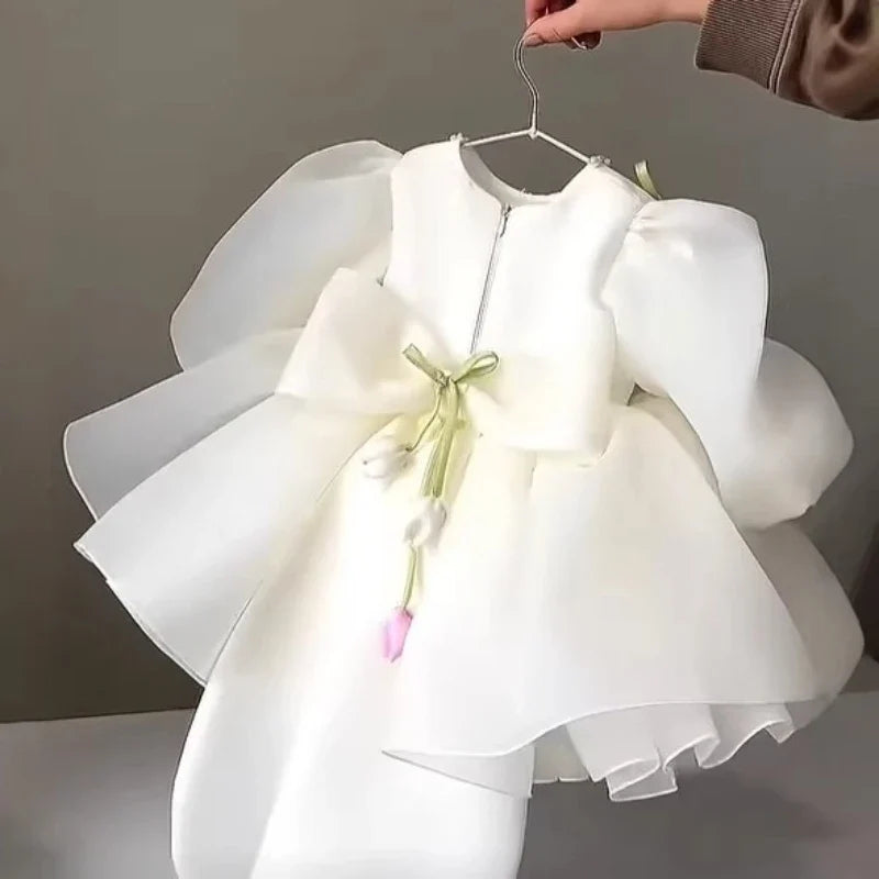 2026 New Children Girls Formal Dress Puff Sleeve Princess Gown Flower Girl Kids Floral Tulle Tutu Elegant Pageant Summer Costume